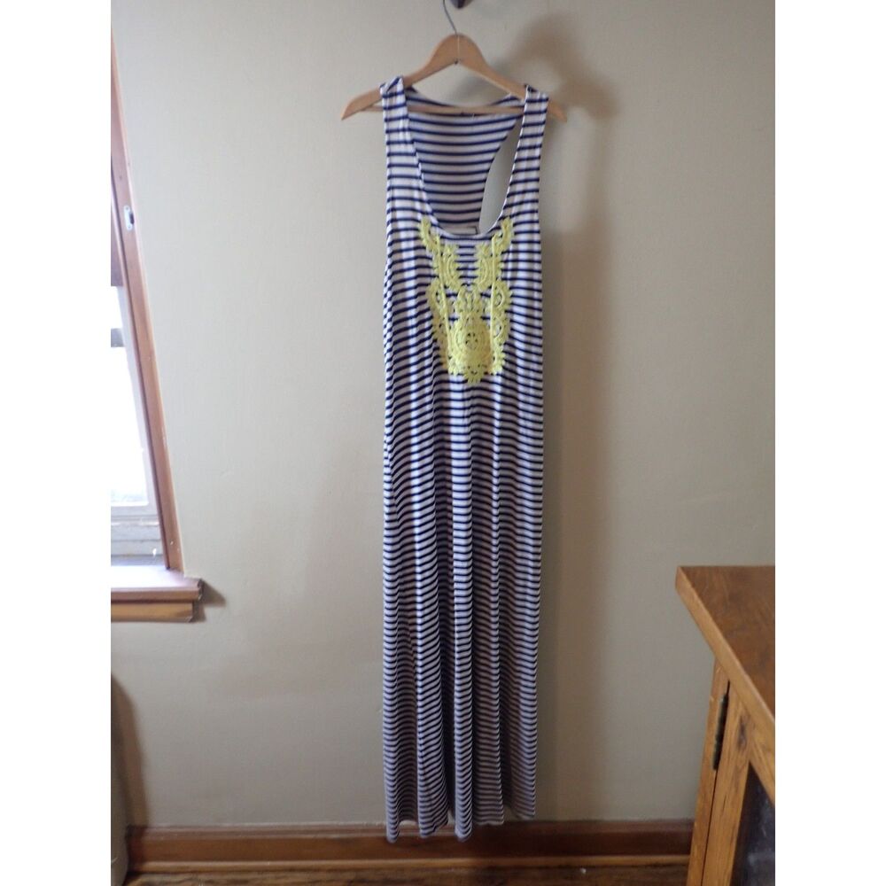 THML Anthropologie Yellow Embroidered Sleeveless Maxi Dress Large Stripped Boho
